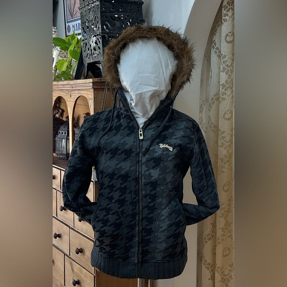 ✨ Billabong Women’s Houndstooth Zip-Up Hoodie Jacket w/ Faux Fur Hood ✨